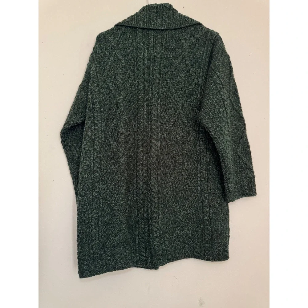 Carraig Donn Irish Wool Cardigan Green Cable Knit Aran Sweater Made in Ireland